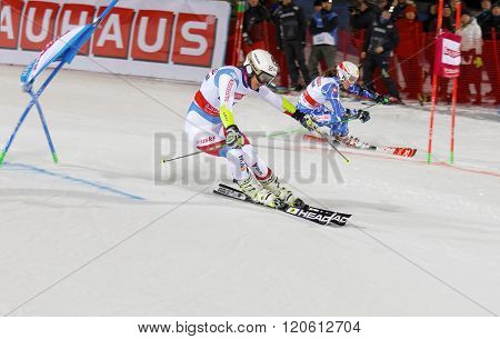 STOCKHOLM SWEDEN - FEB 23 2016: Wendy Holdener (SUI) and competitor skiing at the Audis FIS Alpine Ski World Cup - city event February 23 2016 Stockholm Sweden