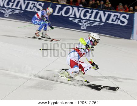 STOCKHOLM SWEDEN - FEB 23 2016: Wendy Holdener (SUI) and comprtitor skiing at the FIS Alpine Ski World Cup - city event February 23 2016 Stockholm Sweden