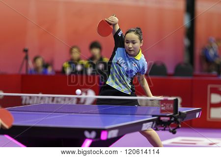 KUALA LUMPUR, MALAYSIA - MARCH 01, 2016: Mima Ito of Japan plays return shot in her match in the Perfect 2016 World Team Table-tennis Championships held in Kuala Lumpur, Malaysia.