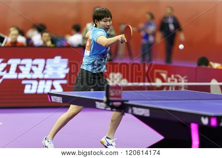 KUALA LUMPUR, MALAYSIA - MARCH 01, 2016: Zhu Yuling of China plays a return shot in her match in the Perfect 2016 World Team Table-tennis Championships held in Kuala Lumpur, Malaysia.