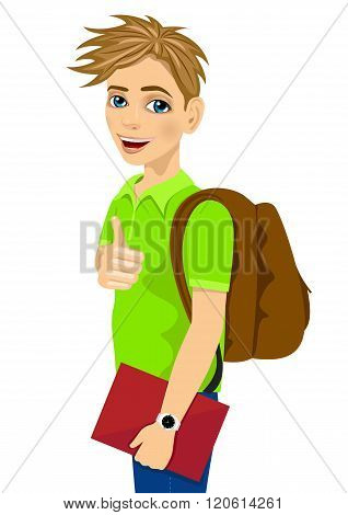 teenage student with backpack holding textbook and giving thumbs up