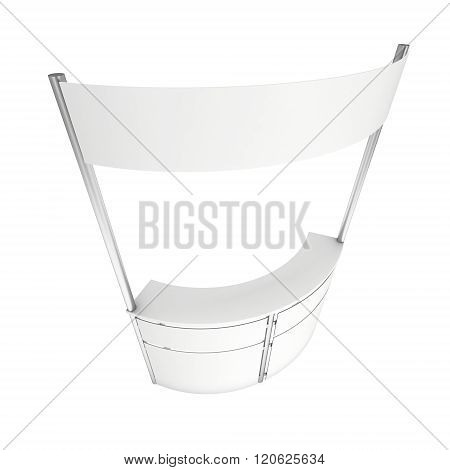 Stall or Kiosk Modern Reception Desk. Trade show booth white and blank. 3d render illustration isolated on white background. Template mockup for your expo design.