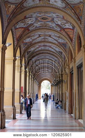 BOLOGNA, ITALY - JUNE 04: External corridor from Via Farini street in Bologna, Italy, on June 04, 2015