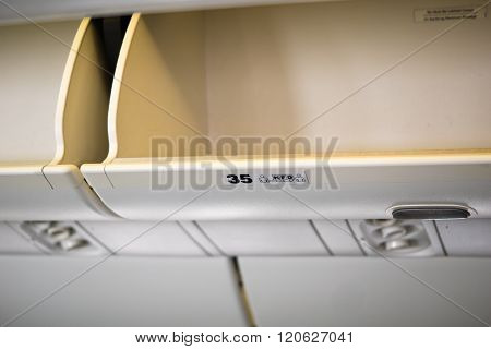 Overhead luggage compartment of airplane