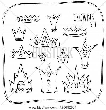 Doodle - Set of crowns. Black and white.