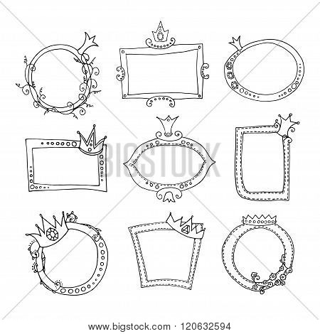 Black and white doodle-set of frames with crown