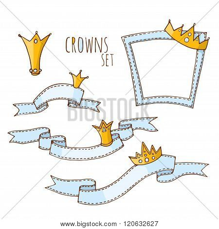 colored doodle - set of frames, ribbons and crown