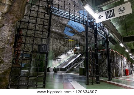 5 January 2016. Stockholm. The interior and the escalators of station "Kungstragarden" in Stockholm metro.Sweden.