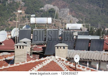 Solar Water Heating Systems On The Roofs Of The City Of Marmaris, Turkey