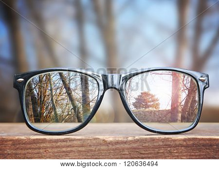  hipster glasses on a park bench or table with a forest in the background toned with a retro vintage instagram filter app or action effect 