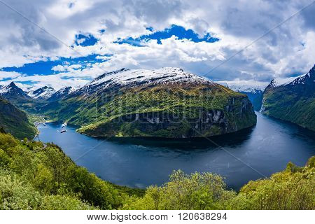 Geiranger fjord, Beautiful Nature Norway. It is a 15-kilometre (9.3 mi) long branch off of the Sunnylvsfjorden, which is a branch off of the Storfjorden (Great Fjord).