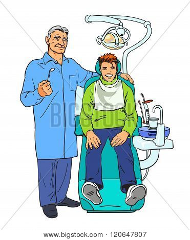 The patient on examination at the dentist. Doctor dentist. Dental surgeon. The reception was at the dentist. Dentist smiling. Pleased with the patient in the chair. Dental treatment. Dental Health. Vector