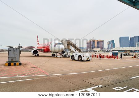 MACAO - FEBRUARY 17, 2016:  Thai AirAsia A320 in Macao International Airport. Thai AirAsia is a joint venture of Malaysian low-fare airline AirAsia and Thailand's Asia Aviation