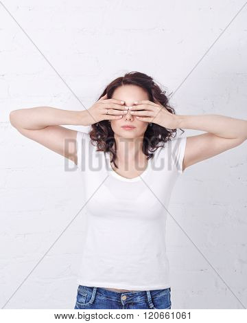 Girl Closed Her Eyes With Hands.