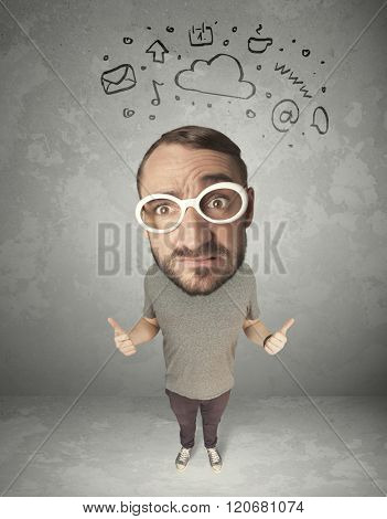 Funny guy with big head and drawn social media marks over it