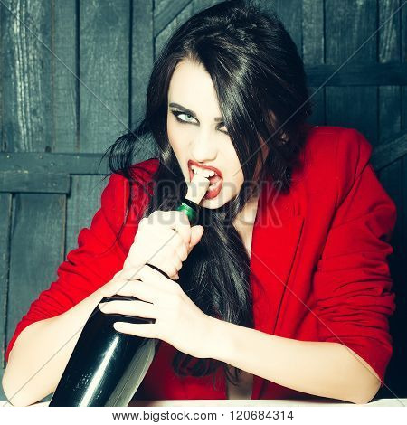 Woman Opening Wine Bottle