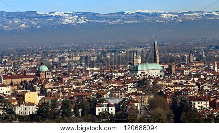 Vicenza, Italy, Skyline Of The City With Basilica Palladiana And The Dome Of The Cathedral