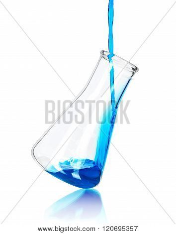 In Laboratory Flask Pours Blue Reagent On Isolated White Background
