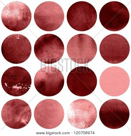 Watercolor circles collection  in red vinous colors. Watercolor stains set isolated on white background. Watercolour palette. Seamless retro geometric pattern, wrapping paper.