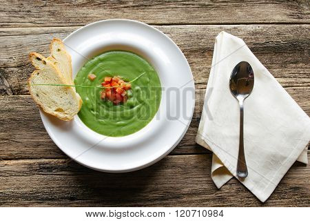vegetarian food. Vegetable soup on wooden table