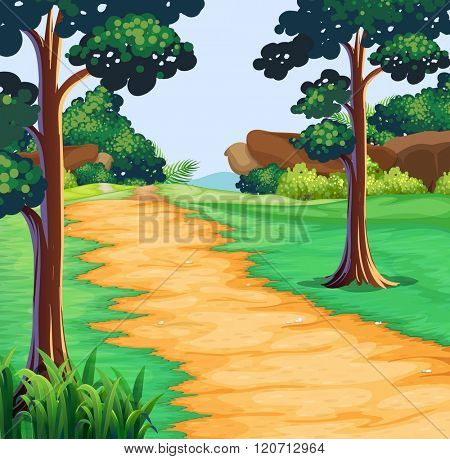 Nature scene with tree along the trail illustration