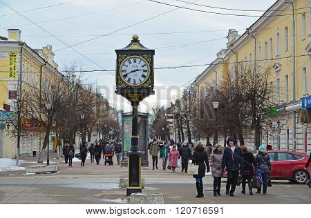 Tver, Russia - February 27. 2016. Watch with Opening date of the city foundation 1135 on a Trekhsvyatskaya pedestrianized  street