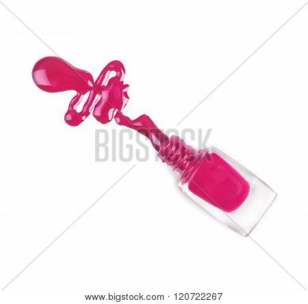 Pink Nail Polish Bottle With Splatters Isolated On White Backgro