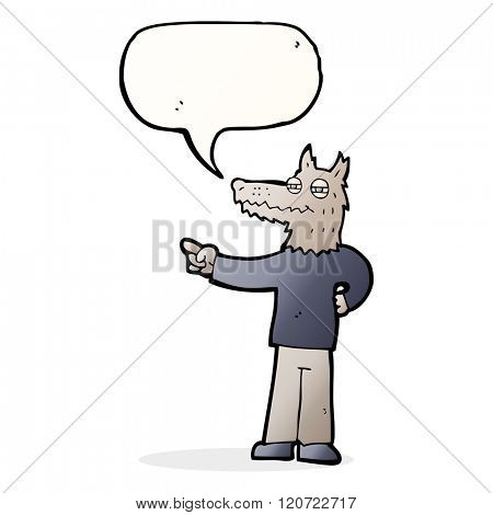 cartoon pointing wolf man with speech bubble
