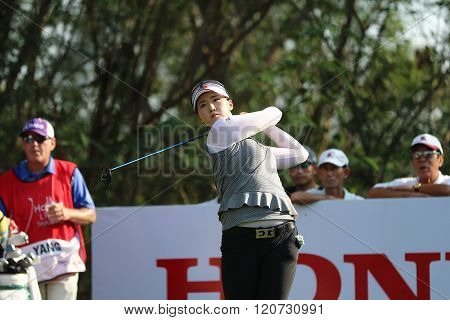 PATTAYA THAILAND - February 27 2016: Q Baek of Japan plays the shot of the 2016 LPGA Thailand at Siam Country Club in Chonburi.