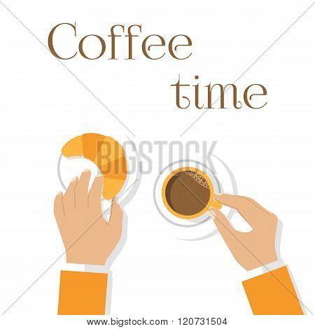Coffee And Croissants, Hands Man. Hands Holding Cup Of Coffee And Croissants.