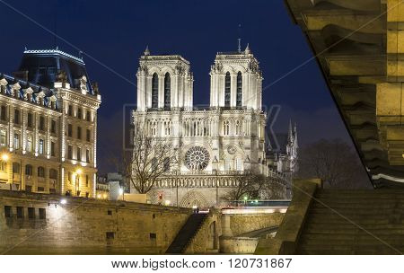 The Notre Dame Cathedra In Evening L, Paris, France.