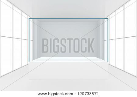 display case. 3d render showcase in white room with windows