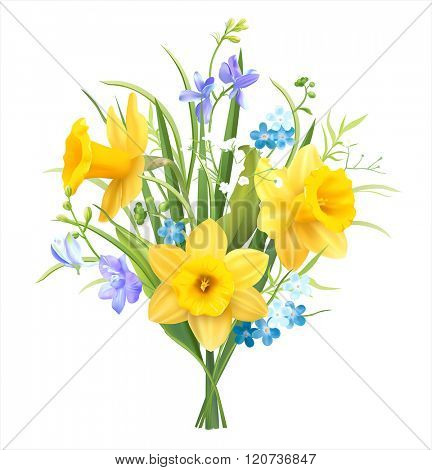 Spring flowers bouquet on white. Vector illustration. 