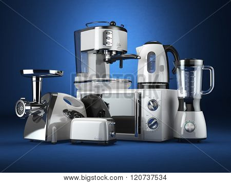 Kitchen appliances. Blender, toaster, coffee machine, meat ginder, microwave oven and kettle. 3d