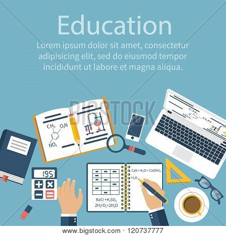 Student Education. Student Writes In Notebook.