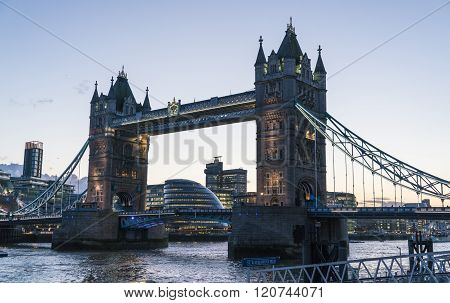 Tower Bridge London Over River Thames In The Evening