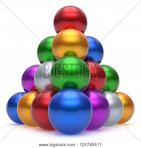 Pyramid hierarchy corporation sphere ball red top order leadership element teamwork stable group business concept multicolor different colors colorful shiny sparkling icon. 3d render isolated