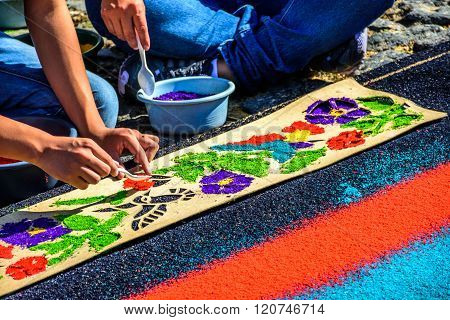 Making Dyed Sawdust Lent Carpet, Antigua, Guatemala