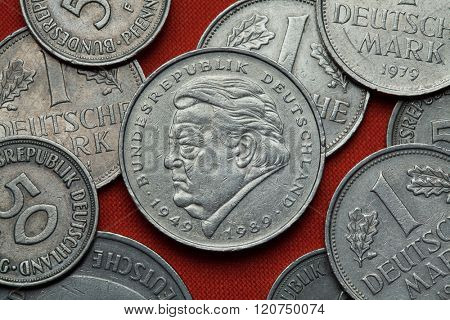 Coins of Germany. German politician Franz Josef Strauss depicted in the German two Deutsche Mark coin (1989).