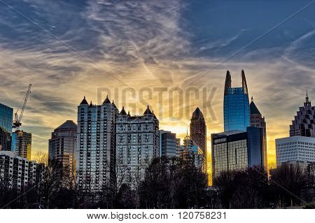 Downtown Atlanta sunset with buildings in the foreground
