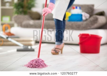 Close up of mopping floor in room
