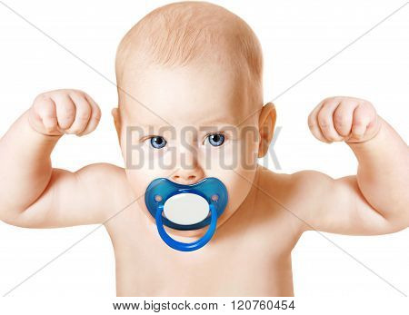 Strong Baby With Pacifier Raising Up Arms, Sport Kid, White