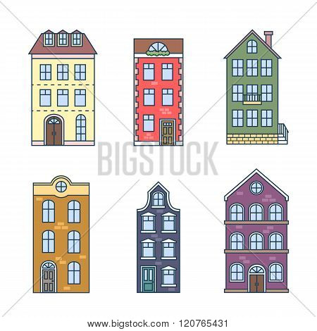 Residential houses icons in trending flat style with lines. Vector set of houses in the Dutch style