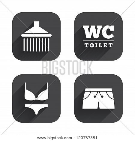 Swimming pool icons. Shower and swimwear signs.