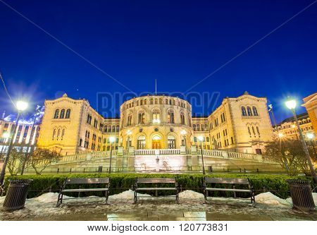 Oslo Stortinget Parliament at dusk Norway