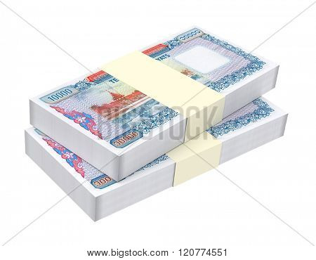Myanmar kyat bills isolated on white background. Computer generated 3D photo rendering.