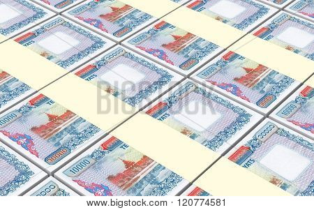 Myanmar kyat bills stacked background. Computer generated 3D photo rendering.