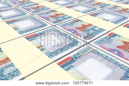 Myanmar kyat bills stacked background. Computer generated 3D photo rendering.