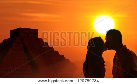Backlit Loving Couple Honeymoon In Mayan Culture