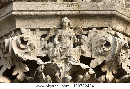 Justice Goddess On Doge's Palace Beautiful Capital, In Venice